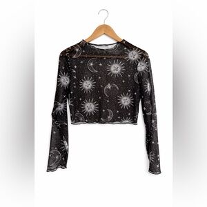 Y2K Celestial Mesh Crop Top – Sun Moon Star Sheer